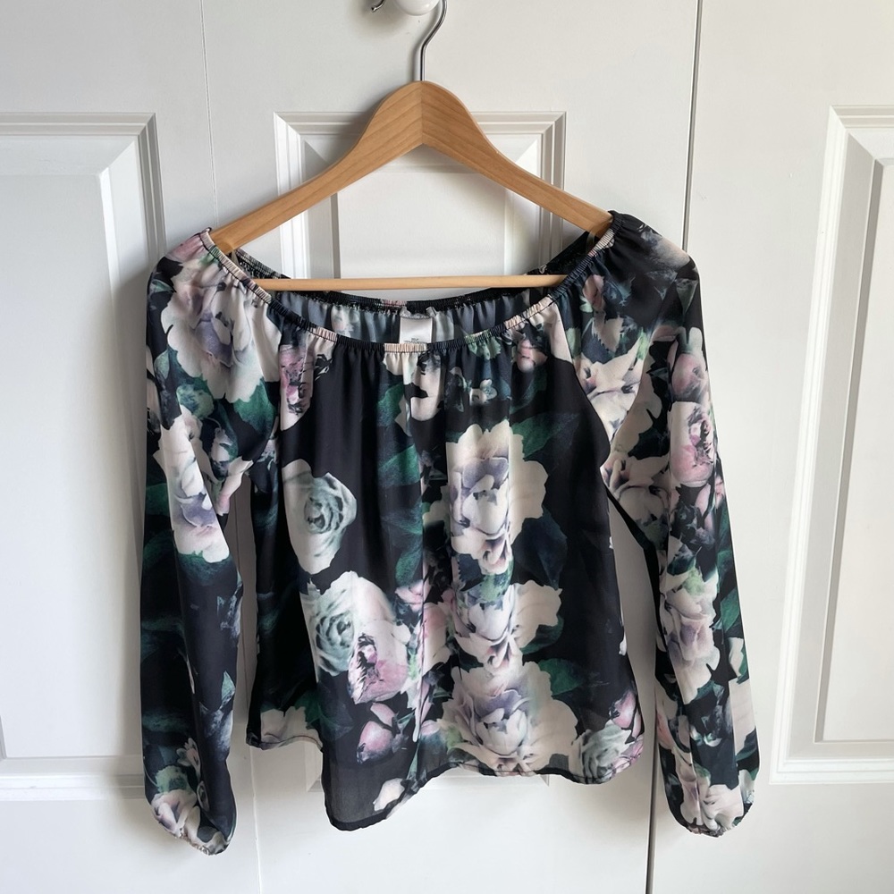 Black Long Sleeve Floral Off the Shoulder Top